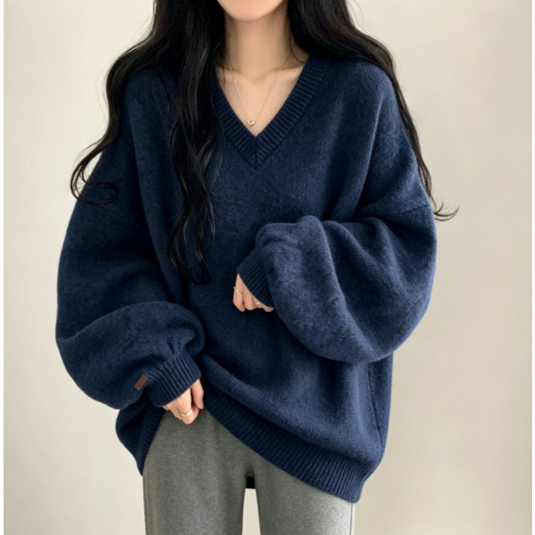 韩国chic 宽松慵懒大版毛衣v领套头中长款保暖上衣女
