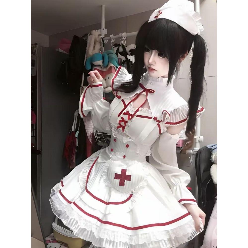 夏季新款日系甜美cos护士套装蕾丝条纹上衣条纹蓬蓬裙袖套三件套
