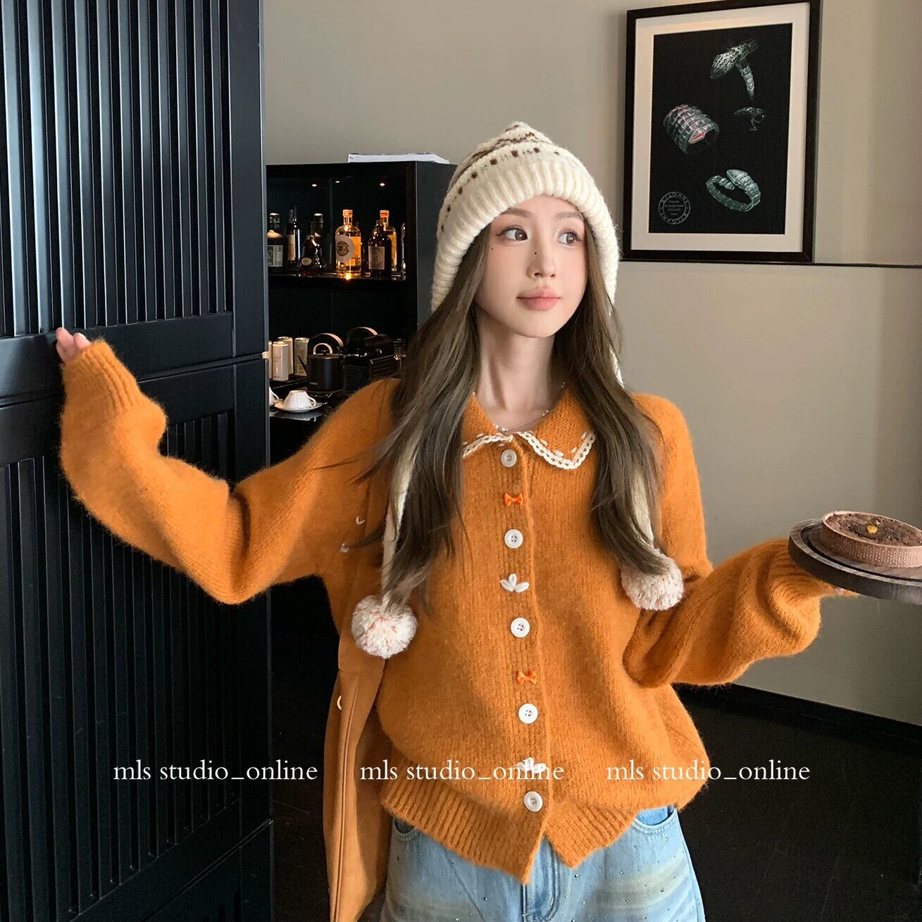 韩版甜美风娃娃领蕾丝拼接针织开衫女秋冬季时髦藏肉减龄百搭上衣