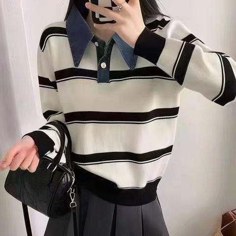 深蓝色牛仔拼接假两件polo领针织衫女2026秋冬新款外穿内搭毛衣