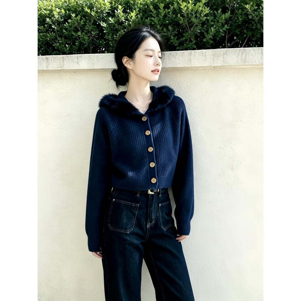 韩系氛围感毛衣外套女秋冬2026新款巨好看轻熟毛领开衫上衣外穿潮