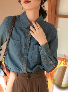 加绒牛仔衬衫女长袖上衣秋冬2025新款时尚百搭复古衬衣女