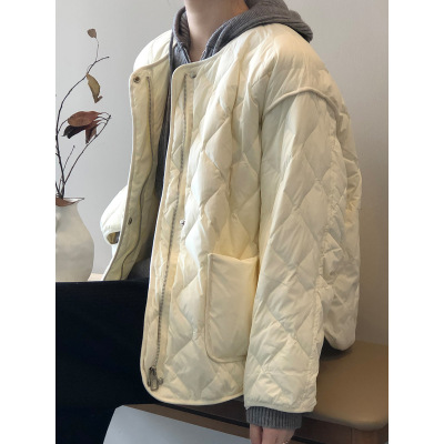 sparks韩系白鸭绒无领羽绒服女2025冬季新款轻薄菱格短款保暖外套