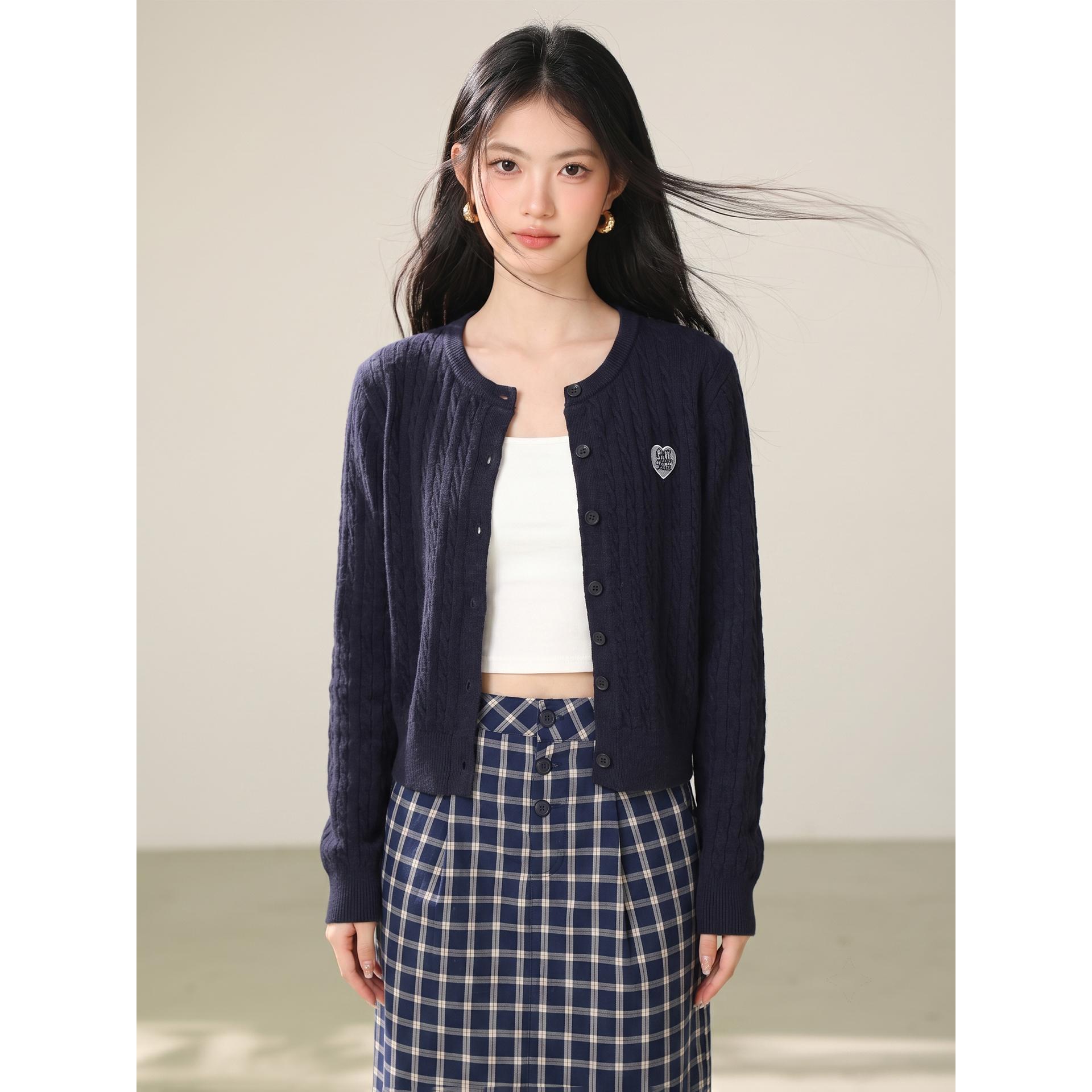 ◆藏蓝色ins学院风麻花针织开衫女小众刺绣韩系毛衣外套上衣