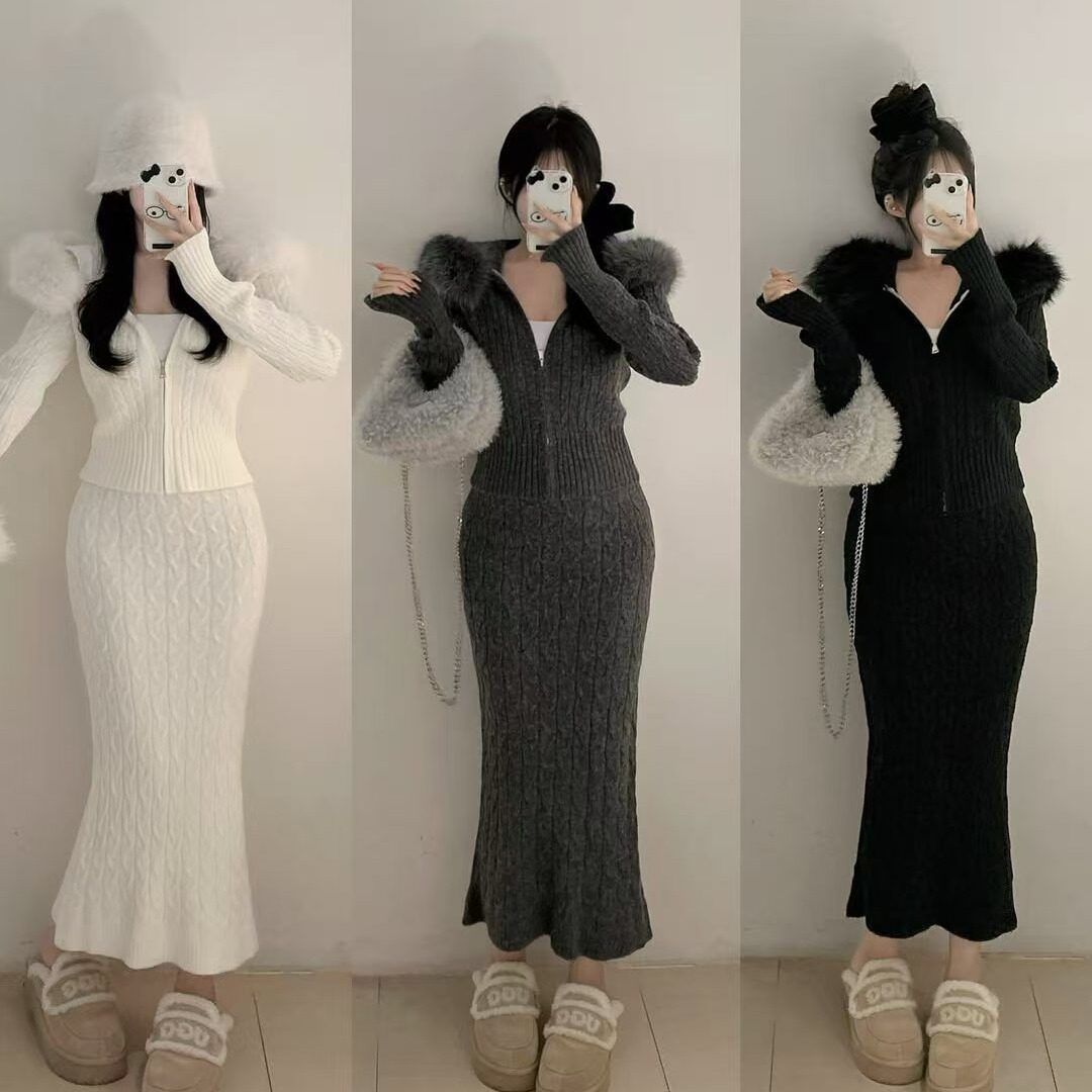 时尚套装可拆卸毛领连帽短款毛衣外套女秋冬季高腰针织包臀半身裙