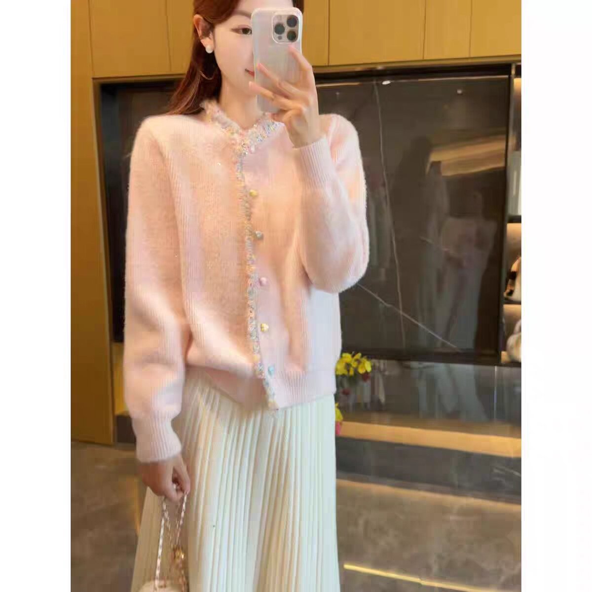 韩系温柔风彩色花边爱心扣毛衣开衫外套女秋冬季复古百搭针织上衣