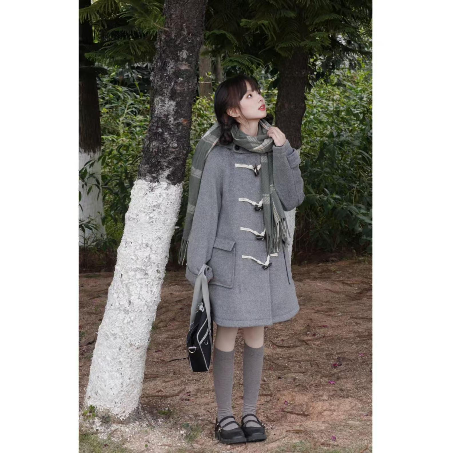灰色牛角扣大衣女冬连帽jk加厚小个子毛呢外套jk学院风呢子大衣