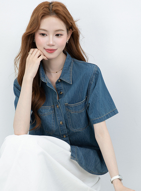 蓝色牛仔衬衫女春秋叠穿设计感小众复古港味宽松上衣