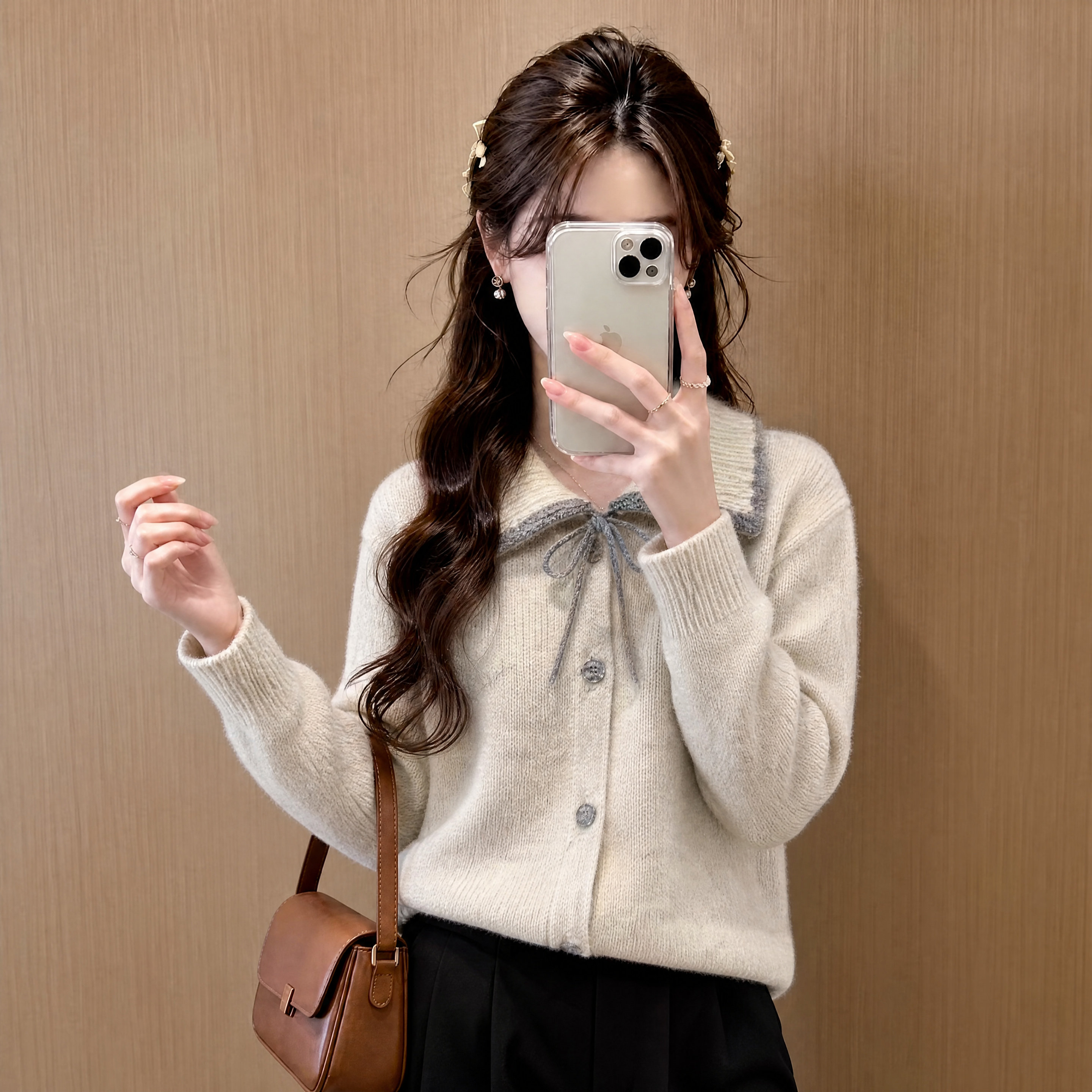 设计感小众撞色翻领蝴蝶结针织开衫女早秋慵懒风温柔软糯毛衣外套