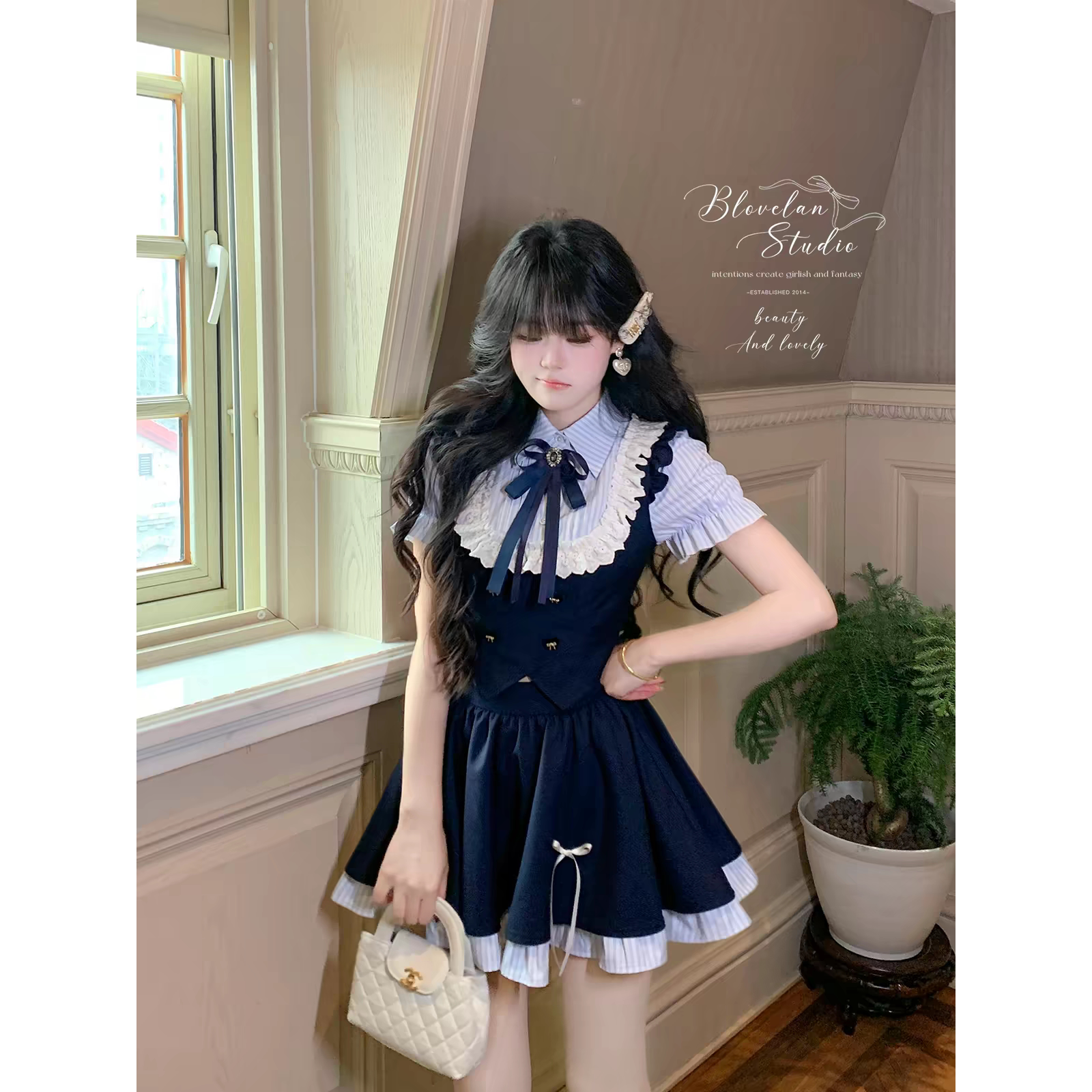 Blovelan温莎学苑 学院撞色条纹假两件短袖衬衫上衣+蓬蓬半裙套装