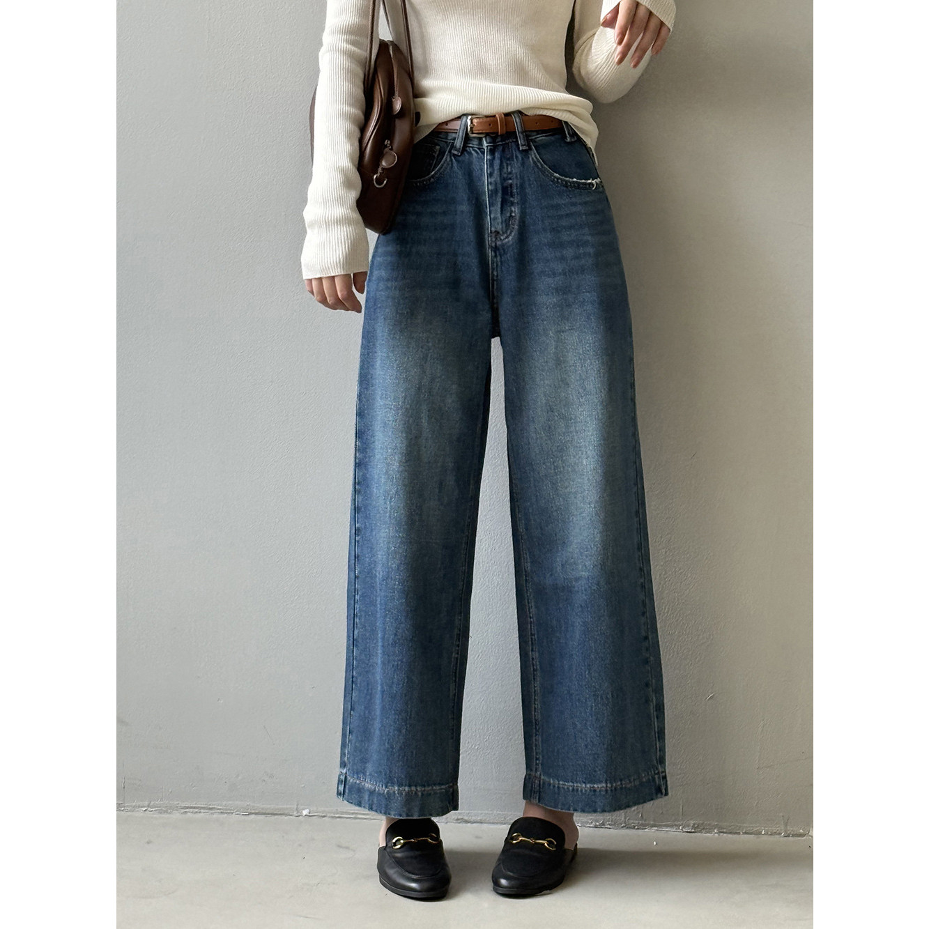 sparks复古高腰直筒牛仔裤女2025秋季显瘦宽松阔腿九分裤含腰带