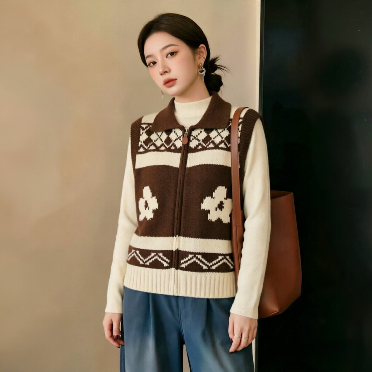 大码复古开衫针织马甲女2026年秋冬新款无袖提花背心显瘦毛衣上衣