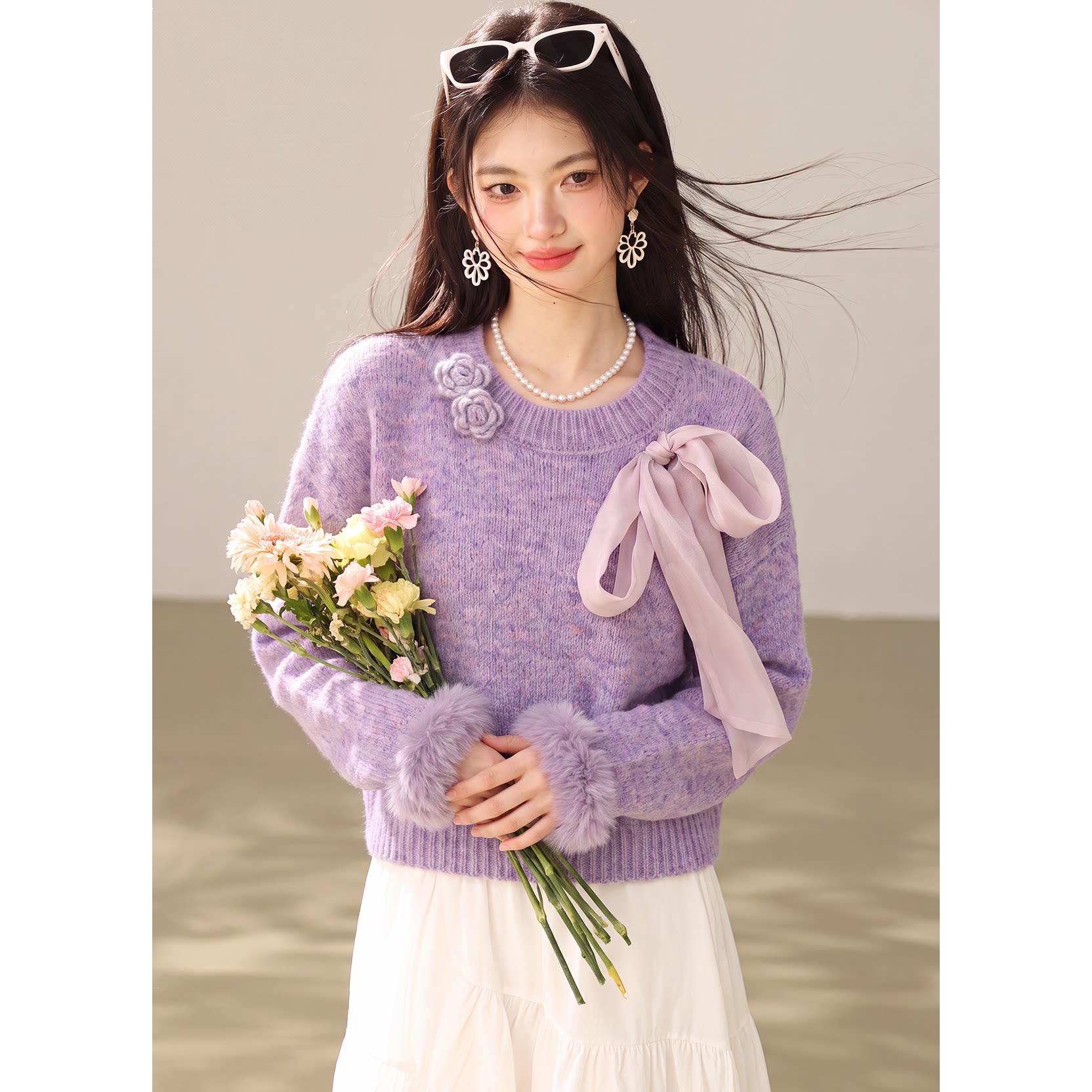 ◆有◆法式温柔风立体花朵丝巾蝴蝶结毛衣女秋气质针织衫上衣