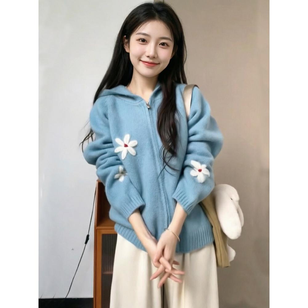 蓝色花朵连帽拉链针织开衫外套毛衣女款2026新款春季加厚慵懒上衣