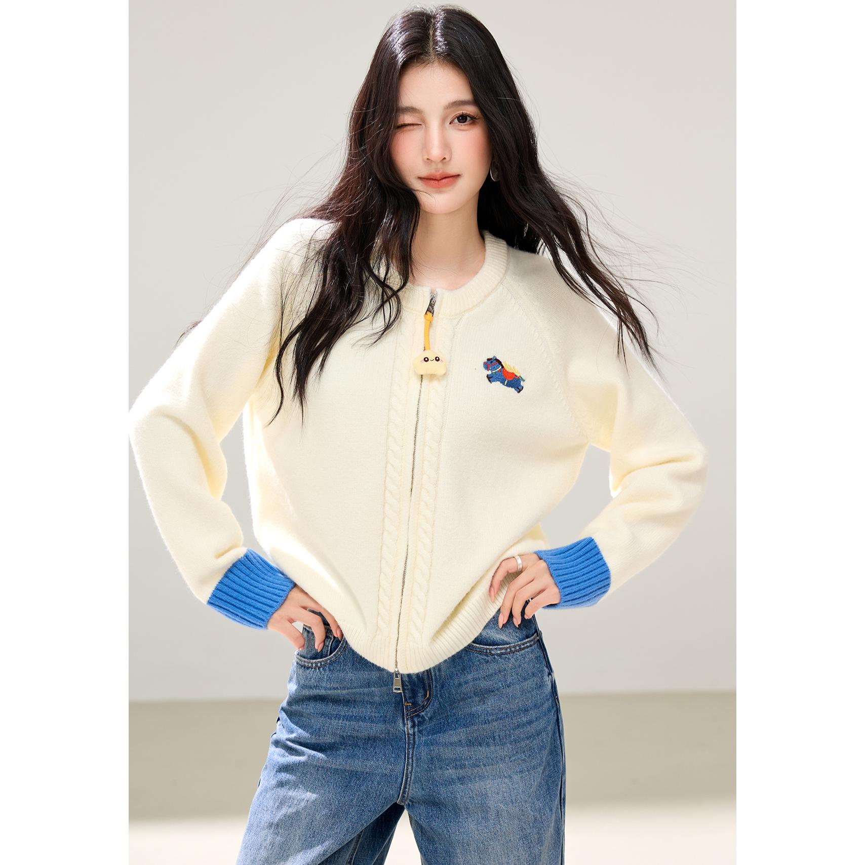 有白色小马刺绣撞色毛衣开衫女秋季小众百搭上衣