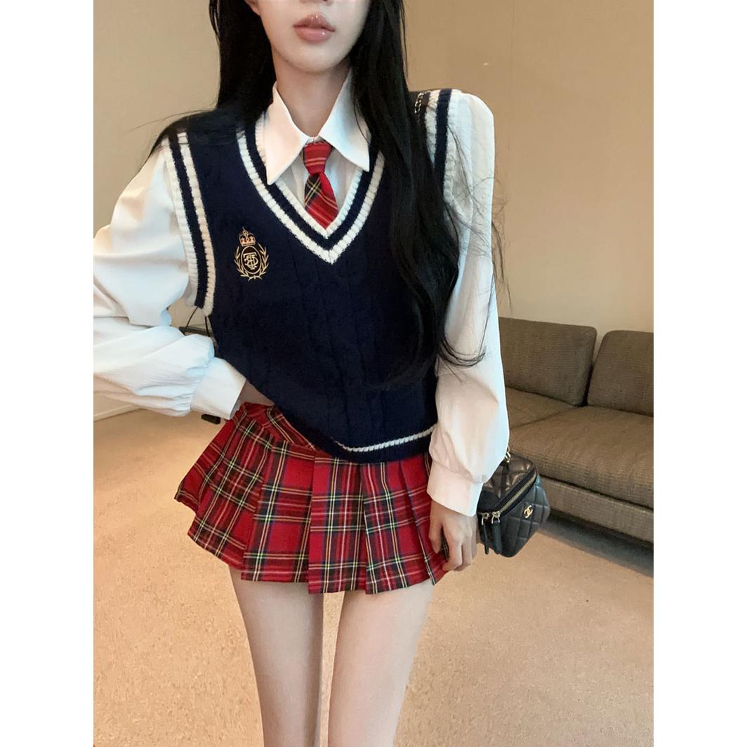 jk学院风套装女V领马甲背心叠穿白衬衫高腰纯欲红格褶裙