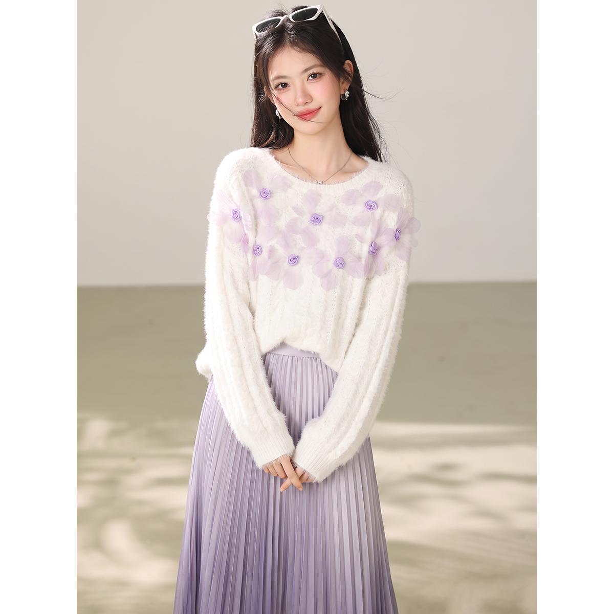 温柔韩系风立体花朵针织毛衣女2026年秋季软糯设计感上衣