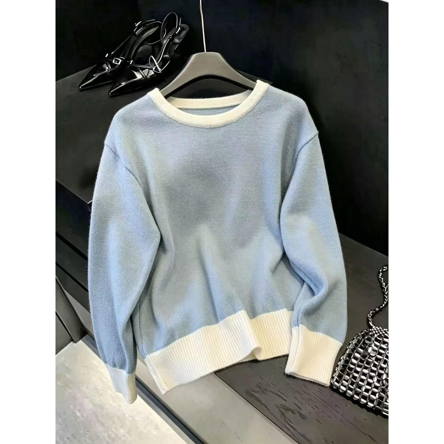 蓝色长袖圆领套头毛衣外穿女宽松慵懒风上衣独特气质针织衫