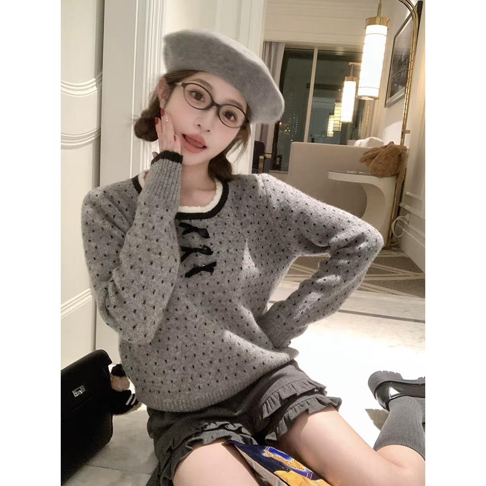 秋冬新款甜美日系娃娃领波点花边蝴蝶结毛衣慵懒设计感百搭上衣女
