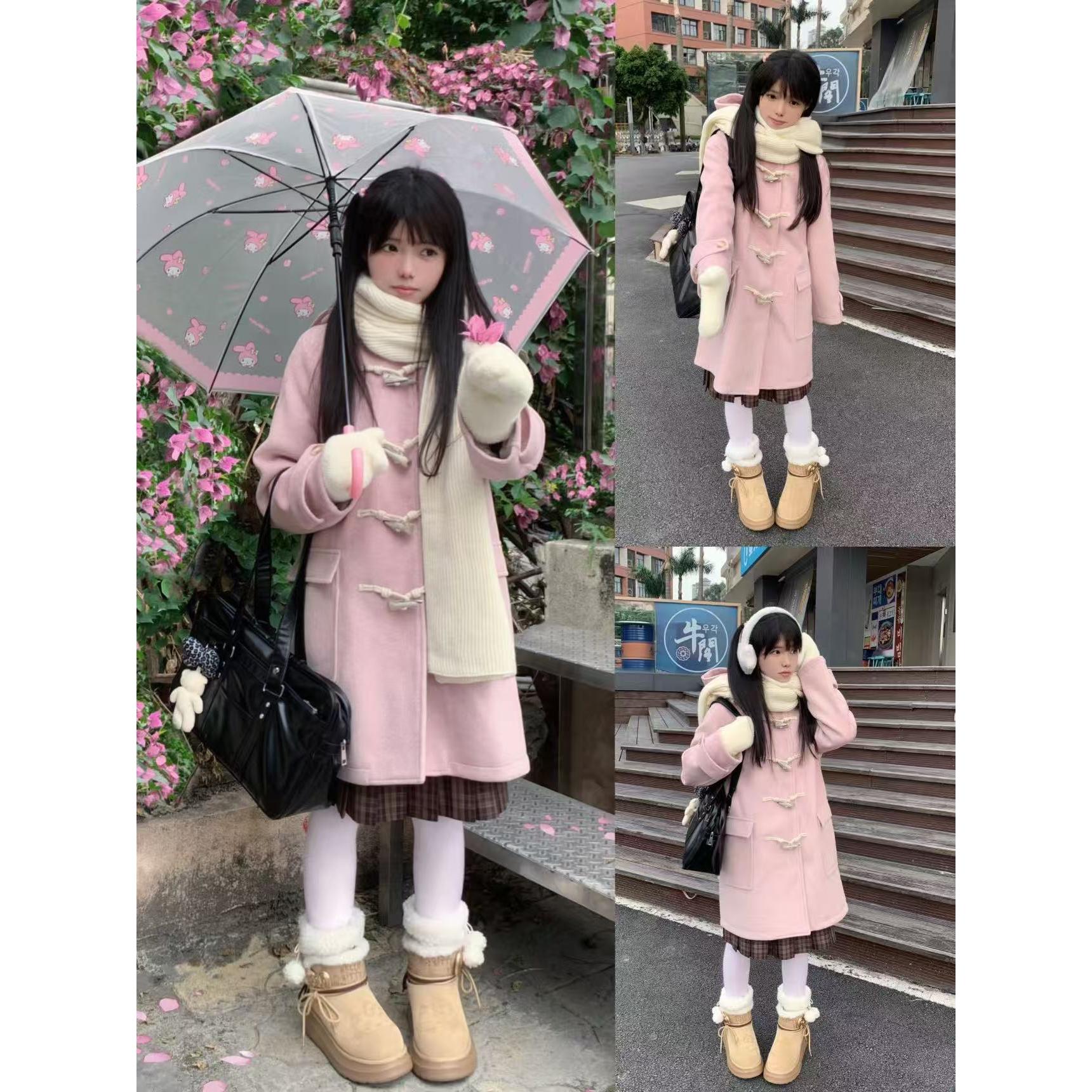 粉色版型好灰色学院牛角扣大衣女冬连帽jk加厚小个子毛呢外套