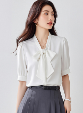 白色缎面飘带衬衫女短袖夏季设计感小众港风通勤职业上衣百搭系带