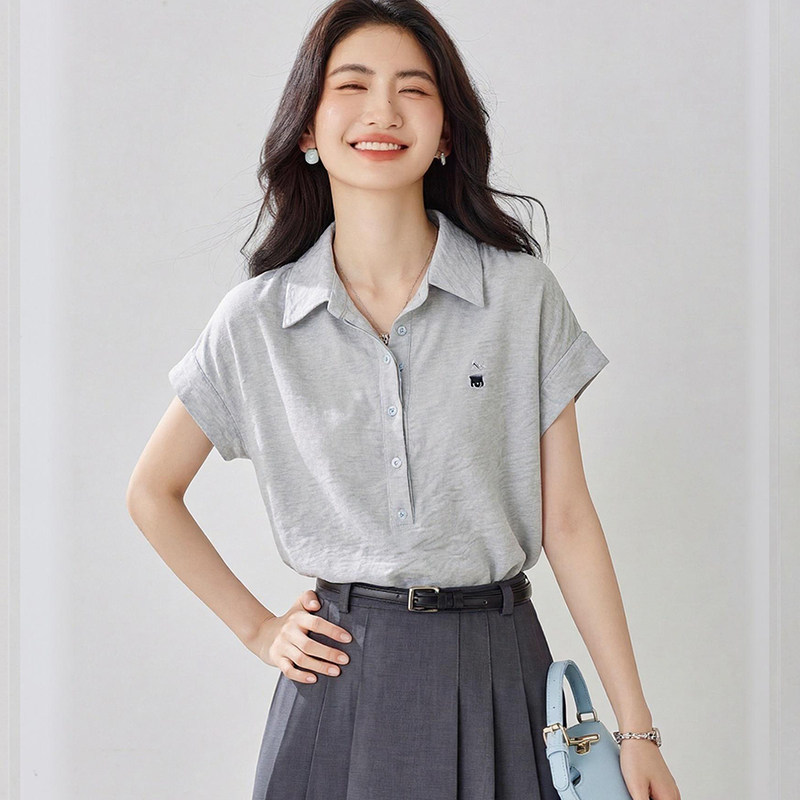 学院日记学院风字母刺绣短袖衬衫女夏季polo领正肩上衣