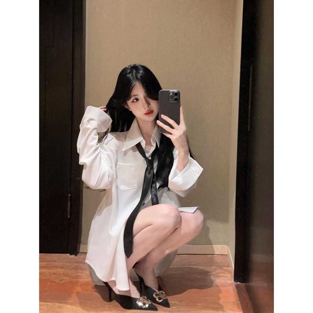 纯欲风衬衫套装宽松显瘦中长款设计感白色防晒长袖上衣