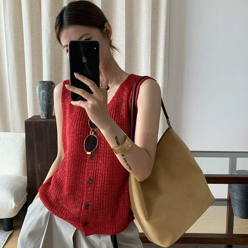韩版V领糖果色无袖单排扣针织开衫女时尚百搭宽松显瘦打底衫上衣
