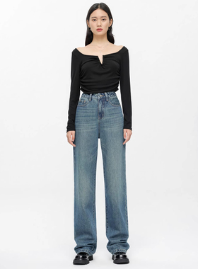YC遇初 083高腰复古蓝高腰阔腿拖地裤春秋款宽松直筒显瘦牛仔裤女