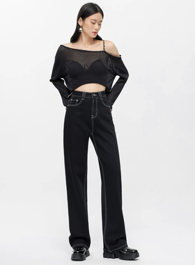 YC遇初075黑色秋冬高级舒适垂感宽松高腰阔腿拖地牛仔裤夏季女