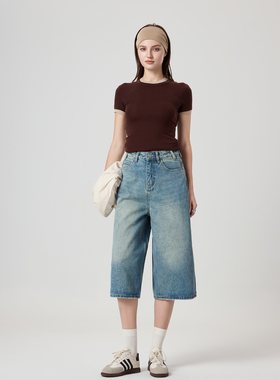 YC遇初292美式复古 春季新款休闲高街直筒显瘦七分阔腿牛仔裤子女