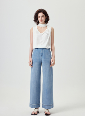 YC遇初316【四面弹】蓝色直筒九分牛仔裤女 休闲简约显瘦直筒裤子