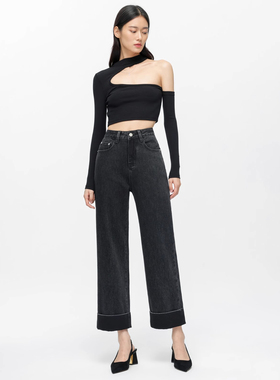 YC遇初065 高级黑翻边秋季直筒阔腿牛仔裤女高腰九分宽松抗皱显瘦