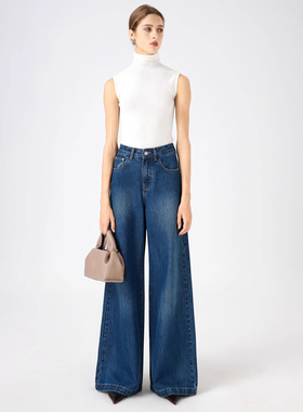 YC遇初 201春秋蓝色高腰阔腿拖地牛仔裤女遮胯大直筒时尚奶奶裤