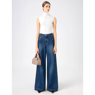奶奶裤 女遮胯大直筒时尚 201春秋蓝色高腰阔腿拖地牛仔裤 YC遇初