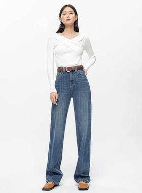 YC遇初085蓝色秋季高弹力阔腿拖地裤宽松高腰直筒百搭显瘦长裤女