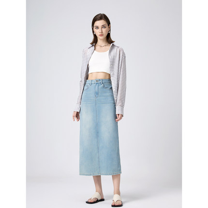YC遇初303浅蓝色直筒牛仔裙女通勤显瘦百搭高腰包臀牛仔半身长裙