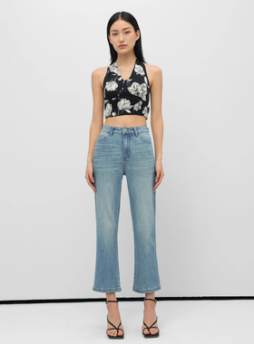 YC遇初006 时尚小个子复古高腰显瘦牛仔裤宽松高弹九分微喇叭裤子