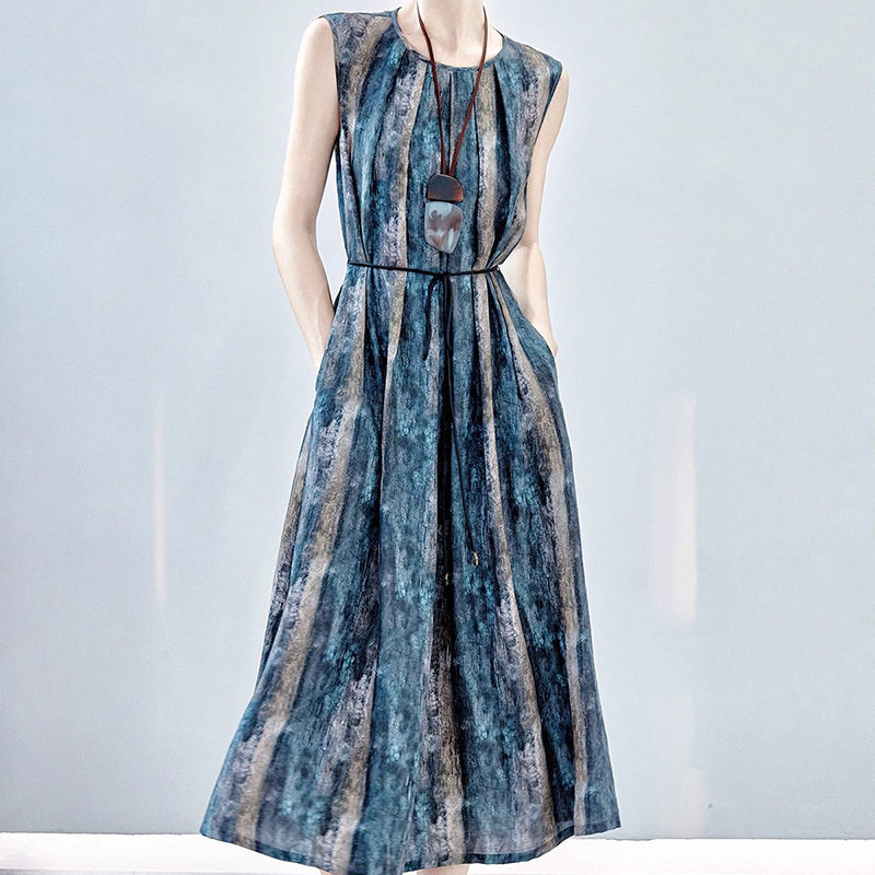 油画真丝无袖长裙 100桑蚕丝设计感背心裙子 显瘦连衣裙夏季女装