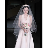 法式 白色挂脖缎面V领性感旅拍宴会年会生日订婚领证晚礼服连衣裙