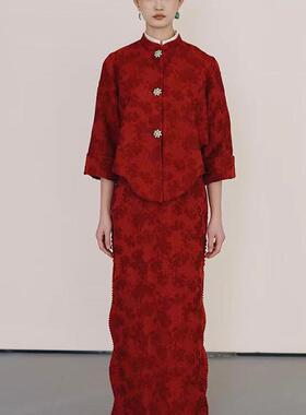 新中式红色旗袍复古印花晨袍新娘结婚订婚回门出阁宴敬酒晚礼服裙