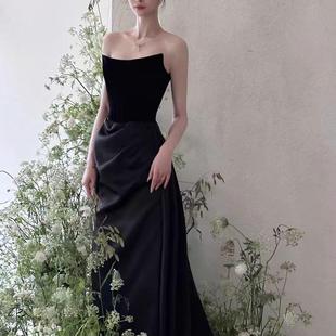 法式高级缎面黑色显瘦高级感气质抹胸晚宴年会生日主持晚礼服裙女