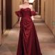 法式 酒红缎面抹胸一字肩新娘简约订婚回门出阁宴结婚敬酒晚礼服裙
