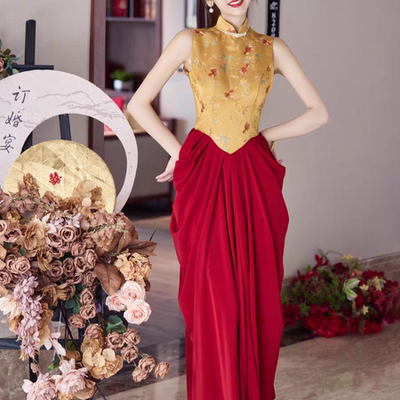 新中式高端复古锦缎刺绣晚礼服裙