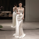法式 缎面吊带新娘简约气质宴会出门迎宾轻婚纱白色敬酒晚礼服裙女