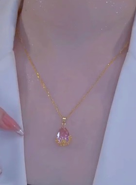 钛钢女气质镶嵌锆石花纹水滴项链