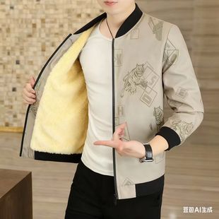 修身 秋冬季 印花加绒加厚棉衣韩版 男士 潮牌夹克 棉袄外套潮流时尚