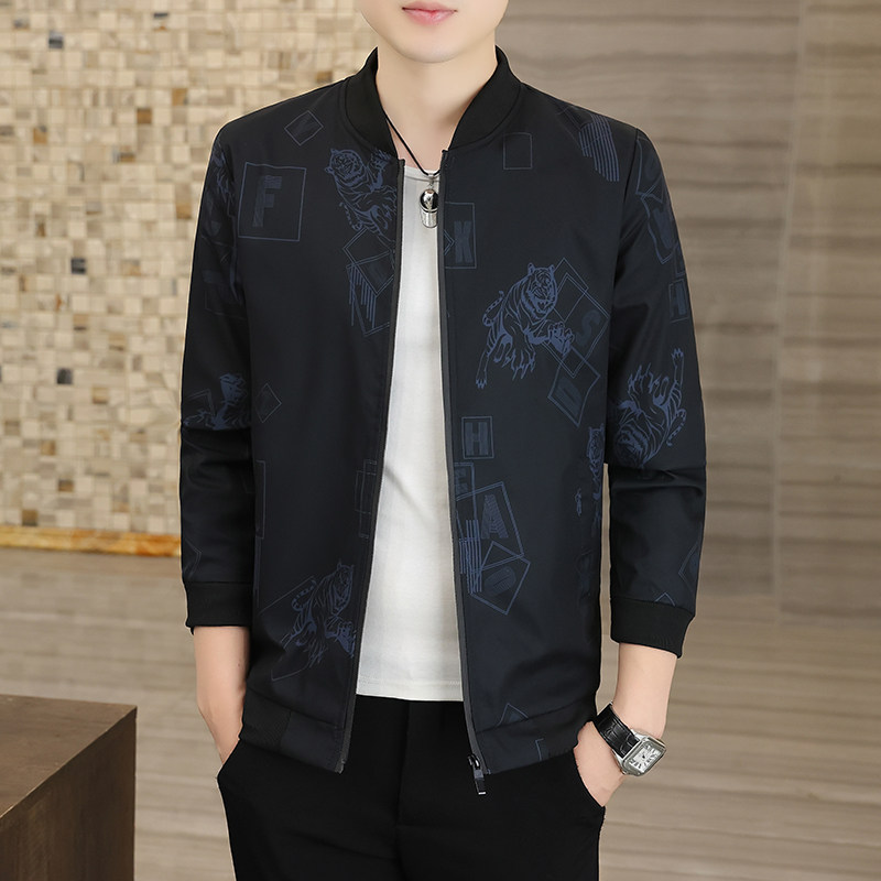 秋季男士加绒加厚外套印花夹克秋冬装大码青年棒球服上衣服褂子