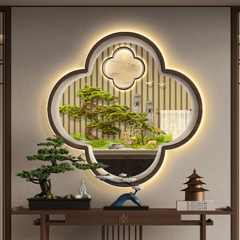 新中式迎客松树玄关装饰画梅花窗户走廊过道壁画灯茶室背景墙挂件