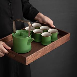 简约家用轻奢小一壶六杯全套茶杯粗陶青竹山水提梁壶 陶瓷茶壶套装